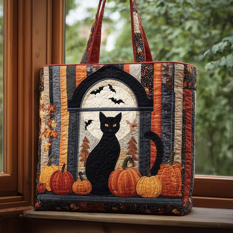 Black Cat Pumpkins Quilted Tote