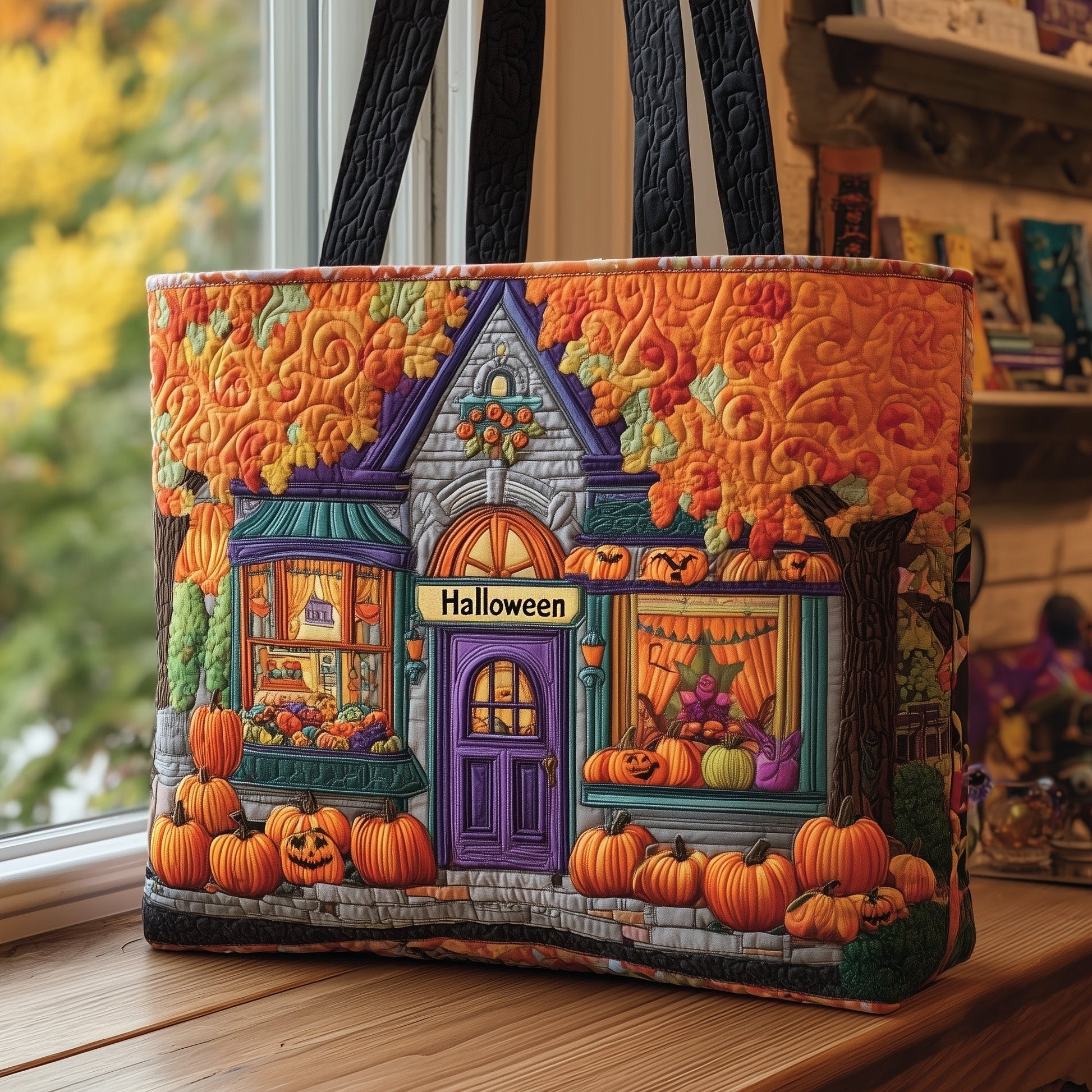 Halloween House Pumpkins Quilted Tote