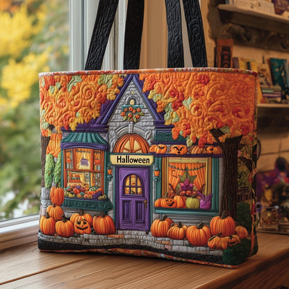 Halloween House Pumpkins Quilted Tote