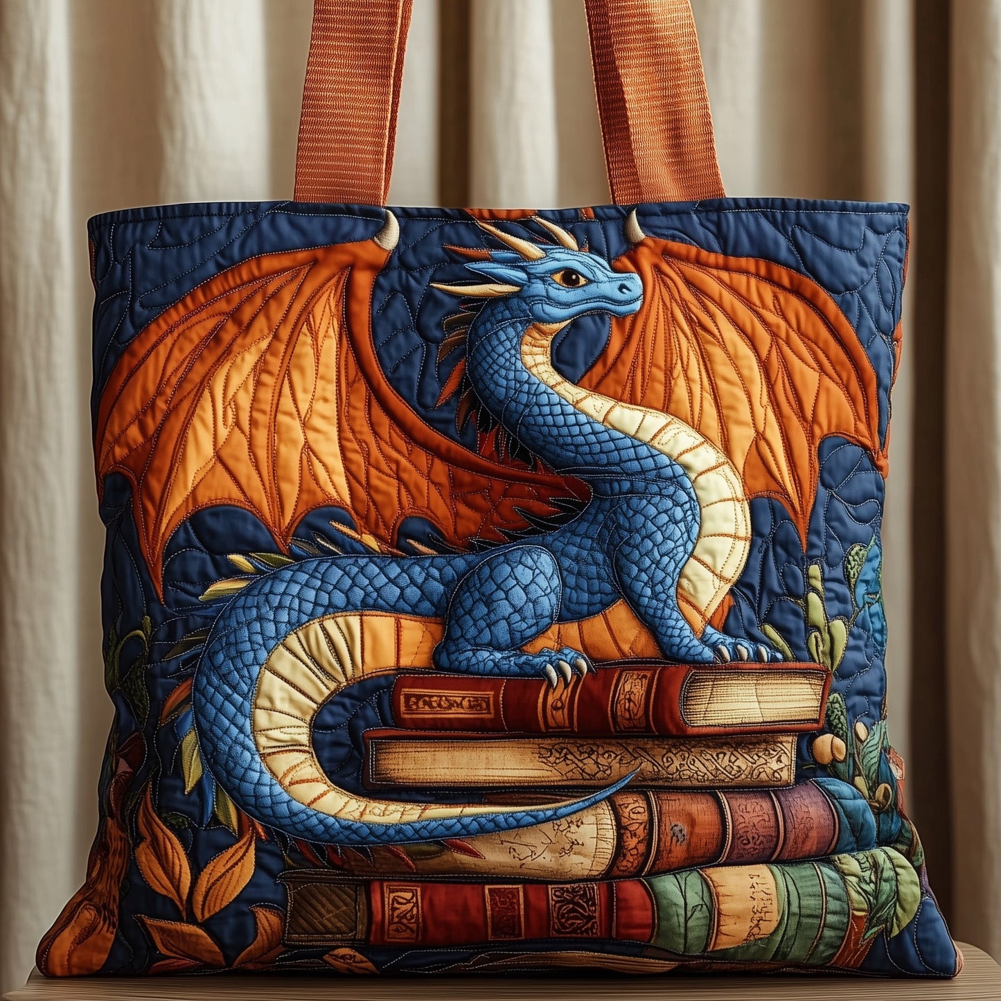 Blue Dragon On Books Quilted Tote