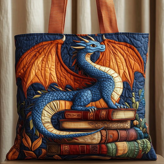 Blue Dragon On Books Quilted Tote