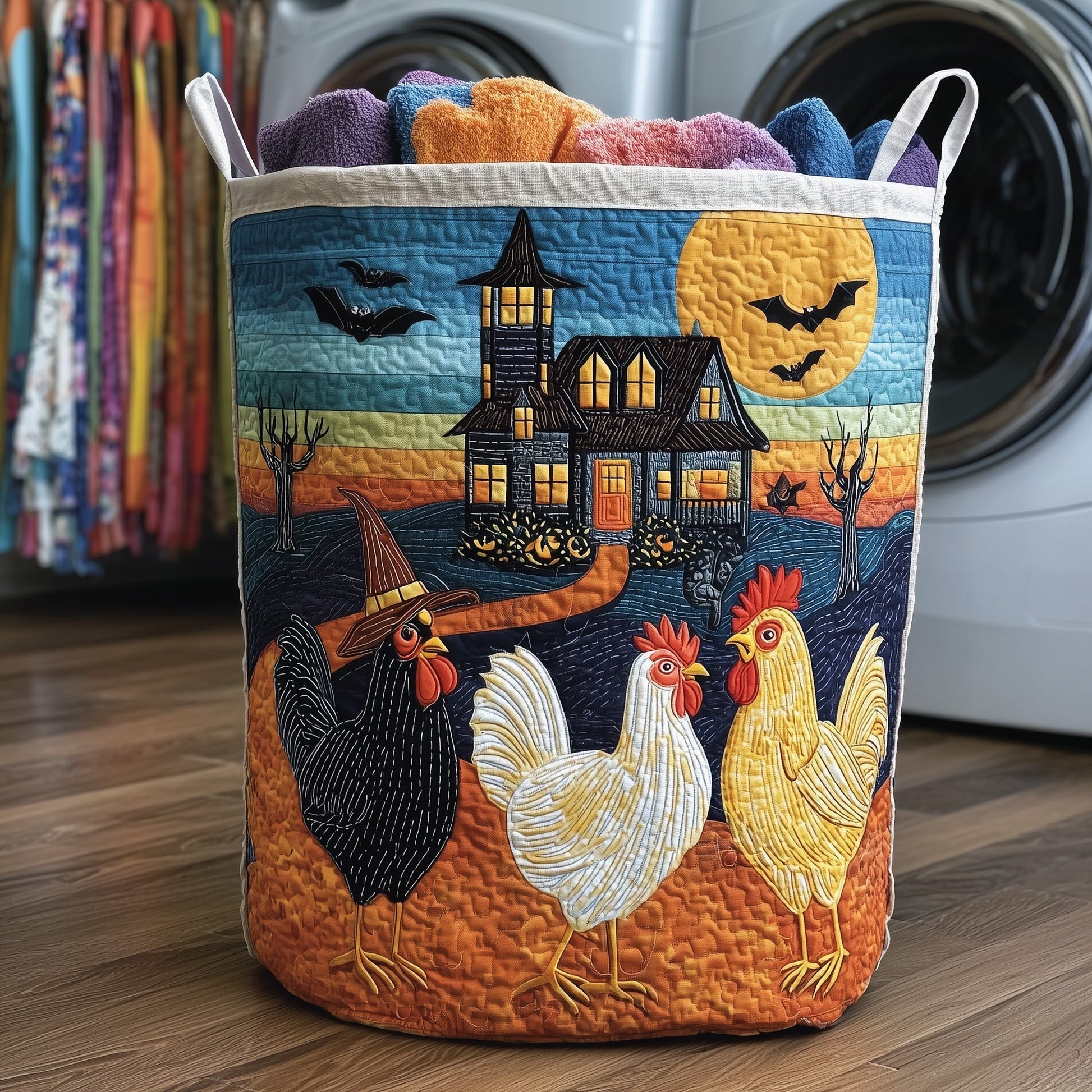 The Whimsical Autumn Chicken Quilted Laundry Basket Tote