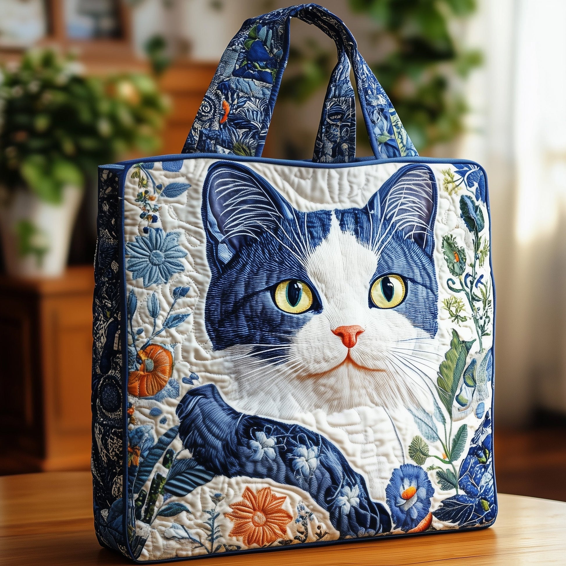 Cat Portrait Floral Quilted Tote