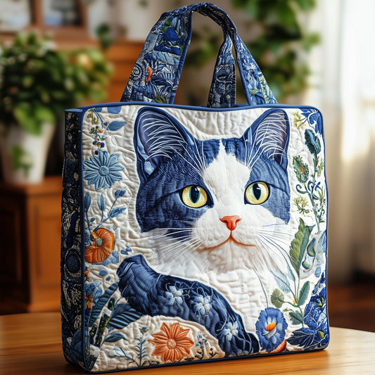 Cat Portrait Floral Quilted Tote
