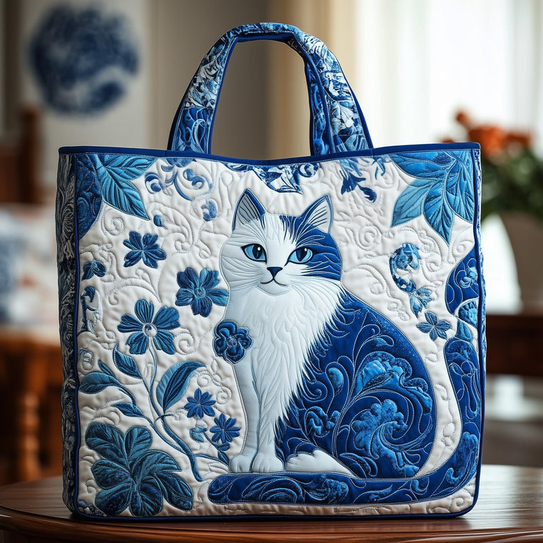 Blue Cat Floral Quilted Tote