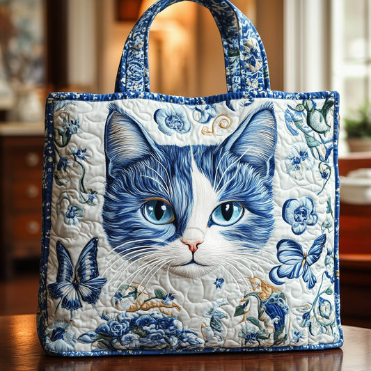 Blue Cat Floral Tote Bag