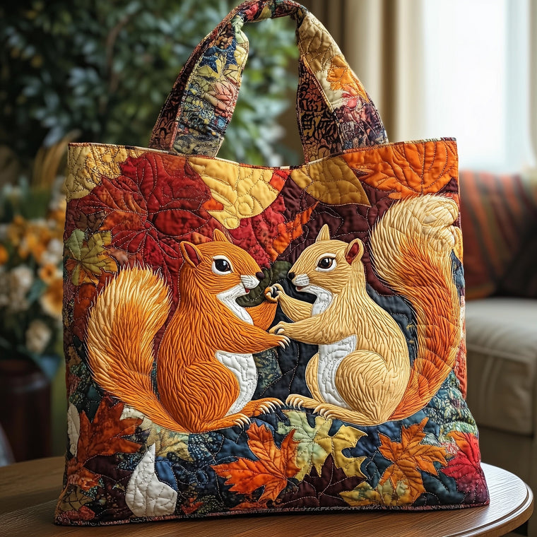 Squirrels Fall Leaves Quilted Tote