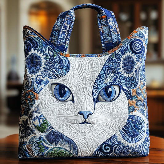 Blue White Cat Face Quilted Tote