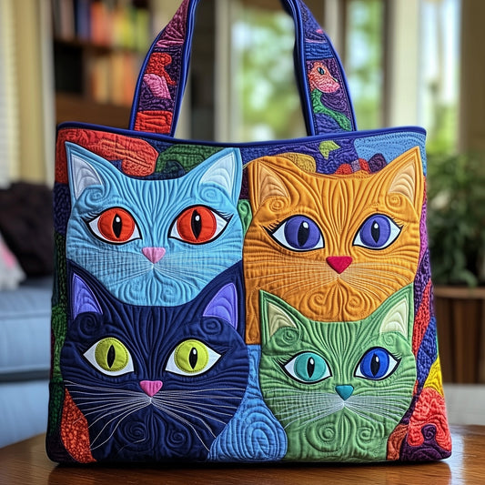 Multicolor Cat Faces Quilted Tote