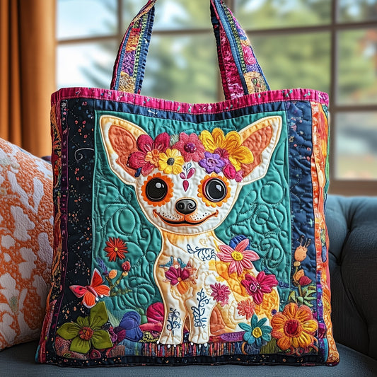 Chihuahua Floral Crown Quilted Tote