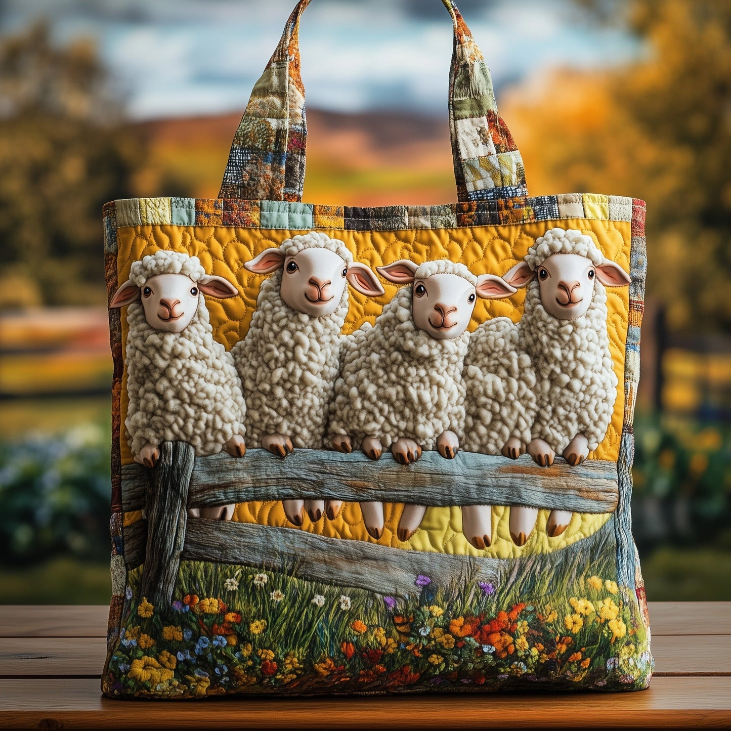 Sheep Farm Scene Quilted Tote