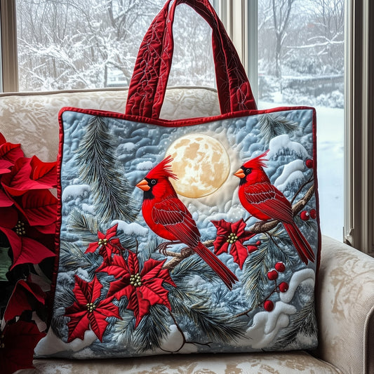 Cardinal Birds Winter Scene Quilted Tote
