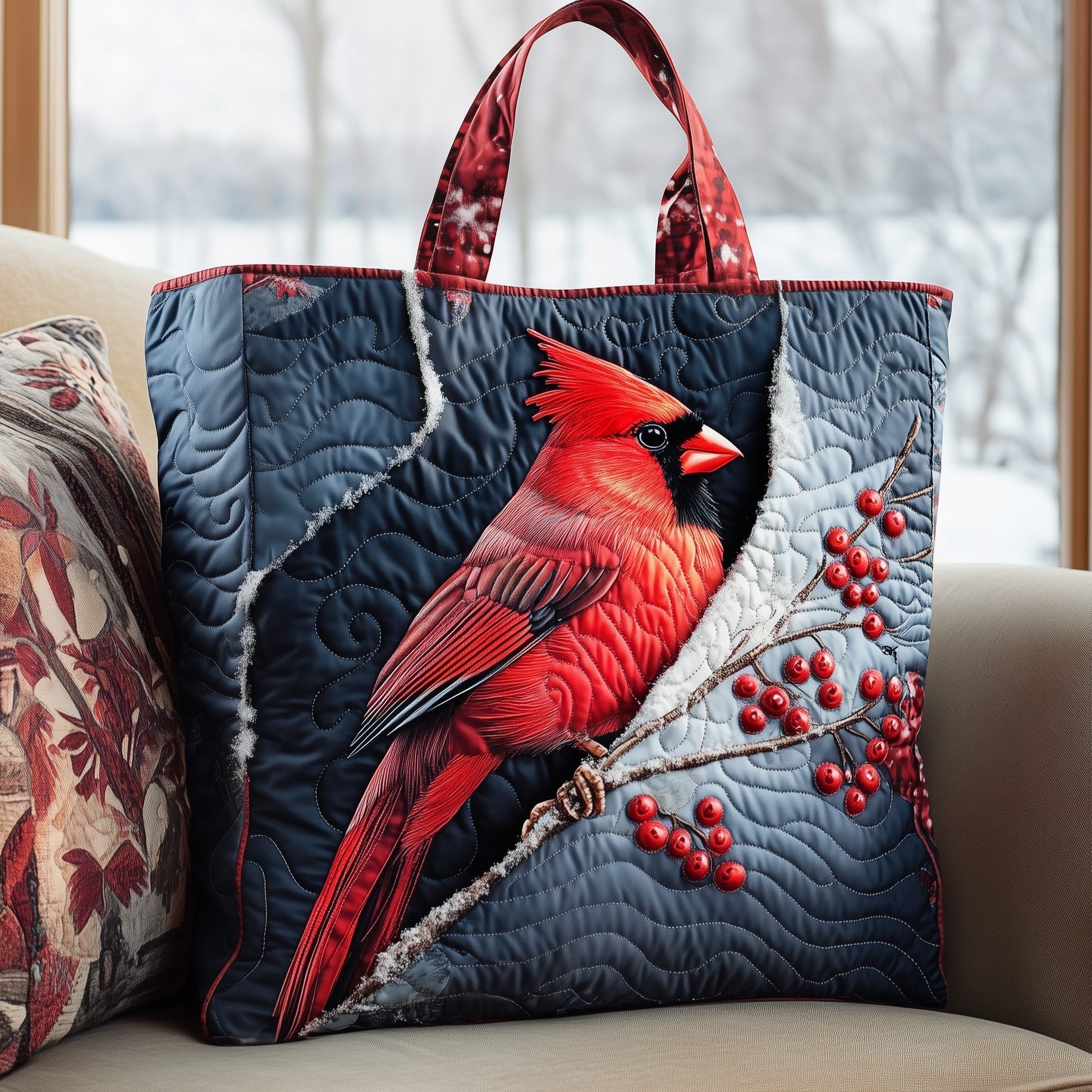 Cardinal Bird Winter Quilted Tote