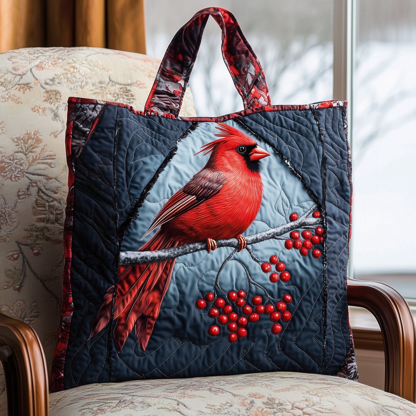 Cardinal Bird On Branch Quilted Tote