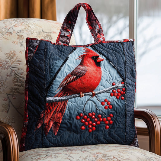 Cardinal Bird On Branch Quilted Tote