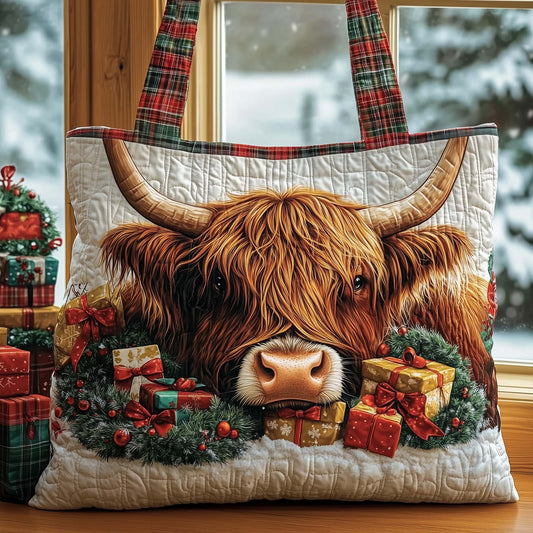 Highland Cow Christmas Quilted Tote