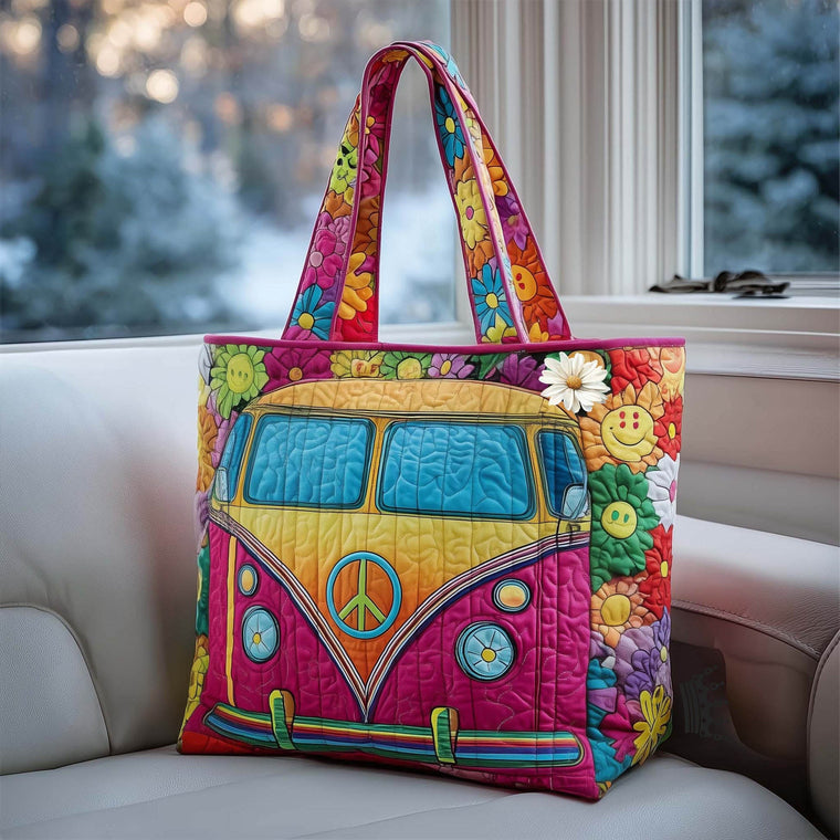 Hippie Van Flowers Peace Quilted Tote