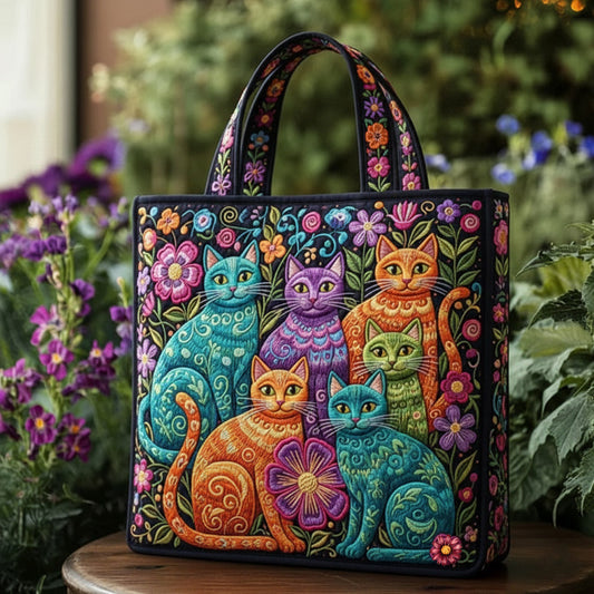 Colorful Cats Flowers Quilted Tote