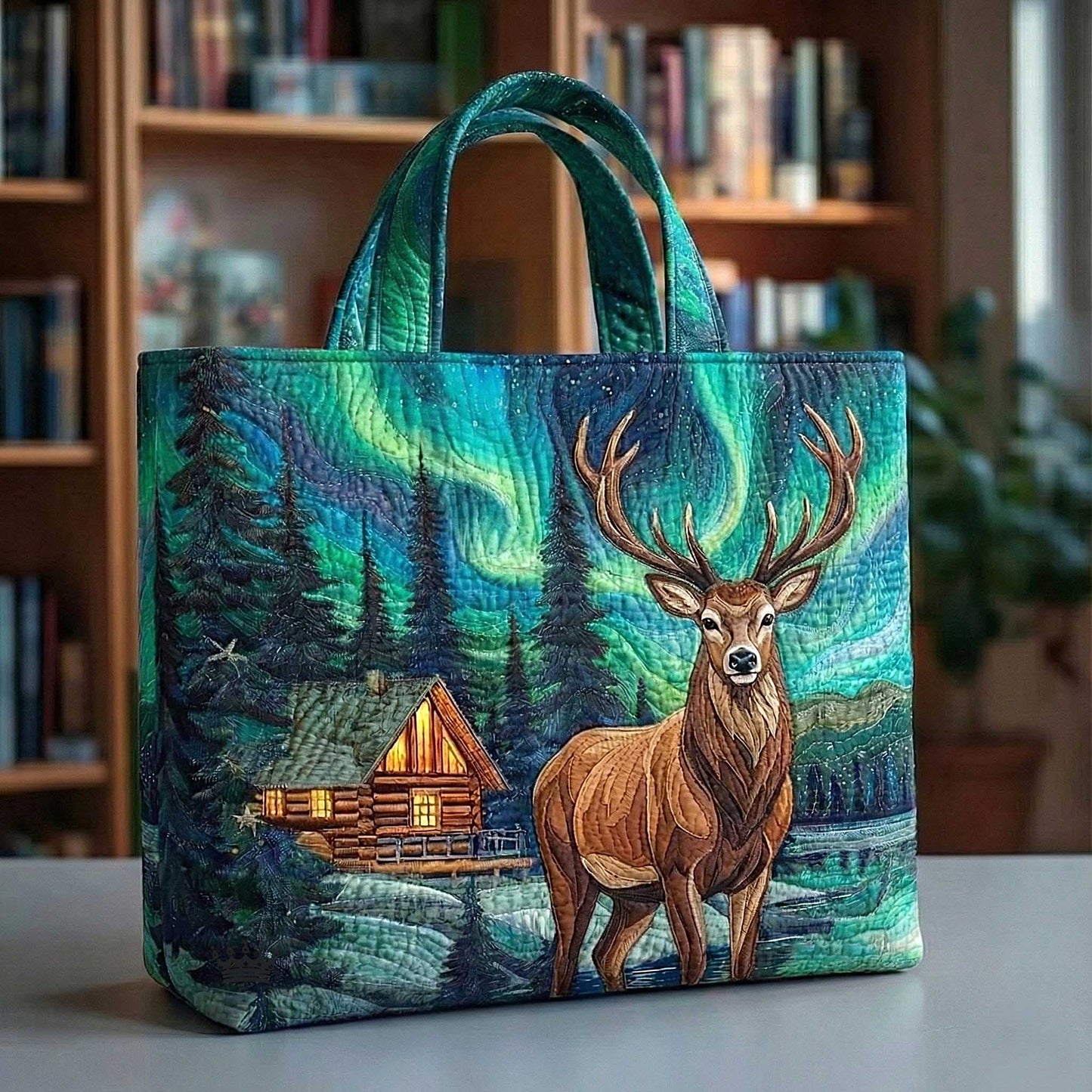 Deer Cabin Scene Tote Bag