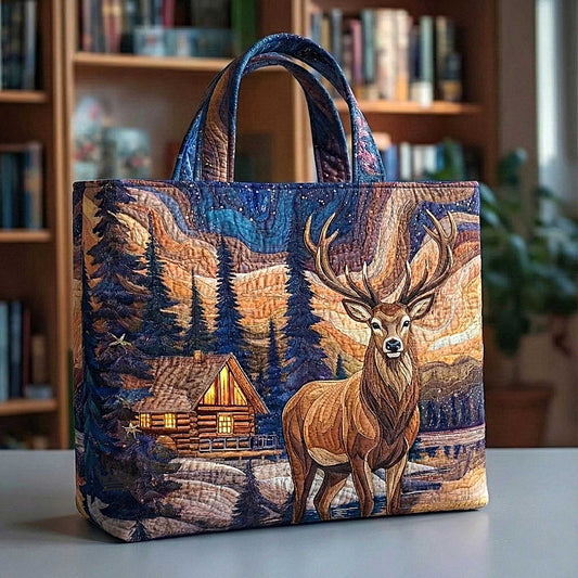 Deer Cabin Scene Quilted Tote