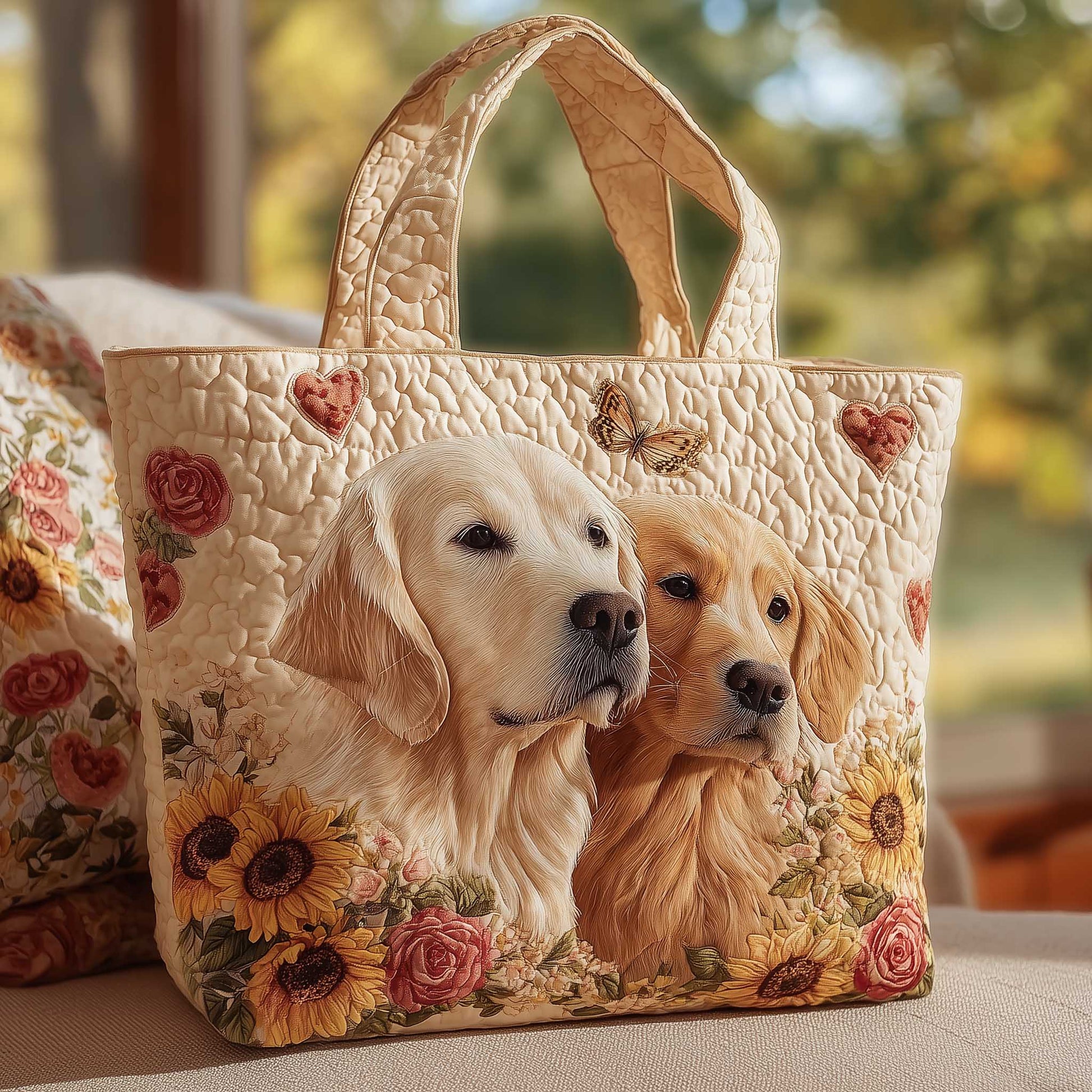 Golden Retrievers Flowers Quilted Tote