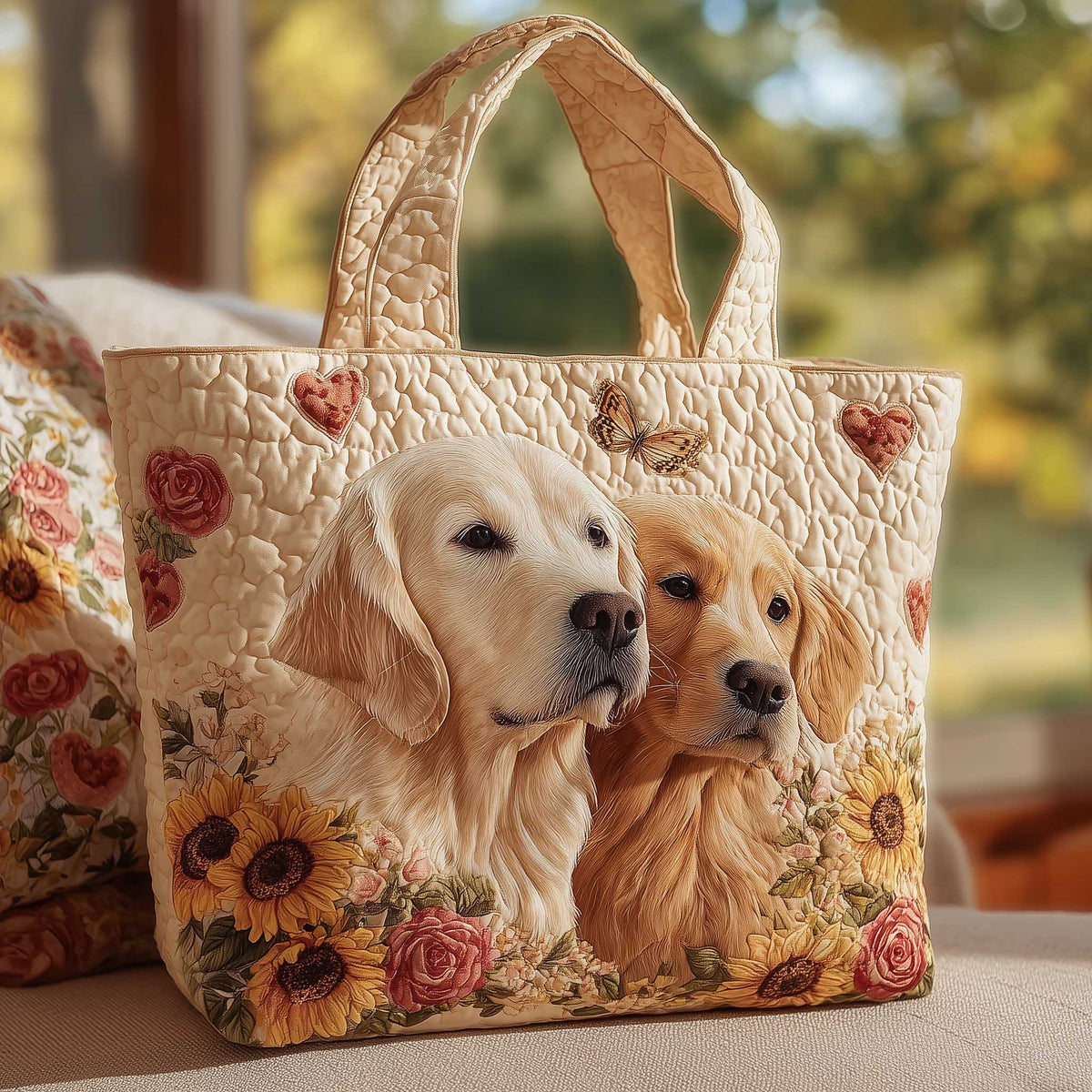 Golden Retrievers Flowers Quilted Tote
