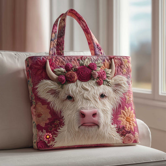 Highland Cow Floral Quilted Tote