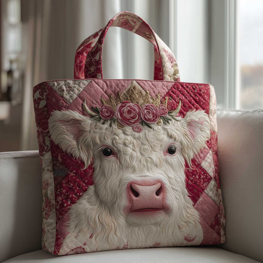 Highland Cow Floral Crown Quilted Tote