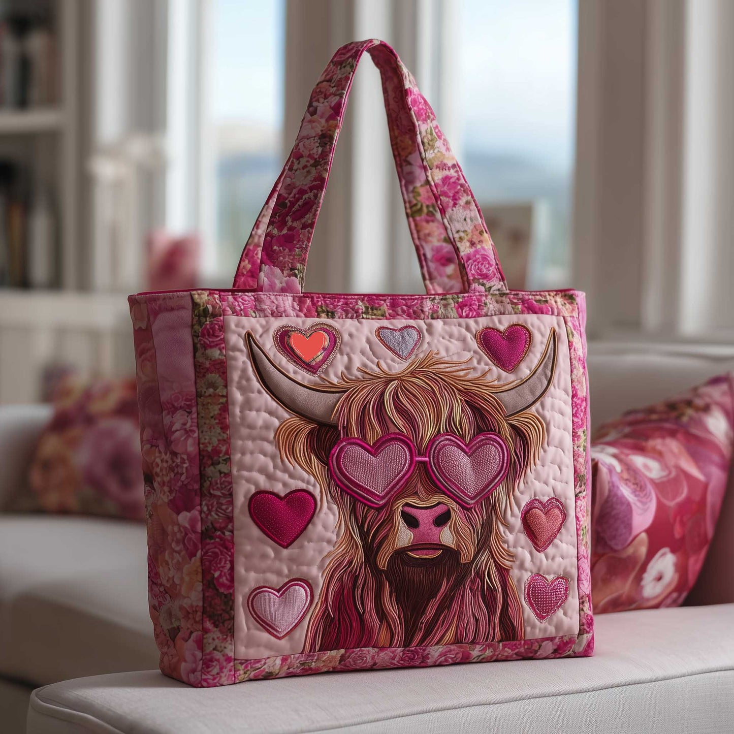 The Heart Eyes Cow Quilted Tote