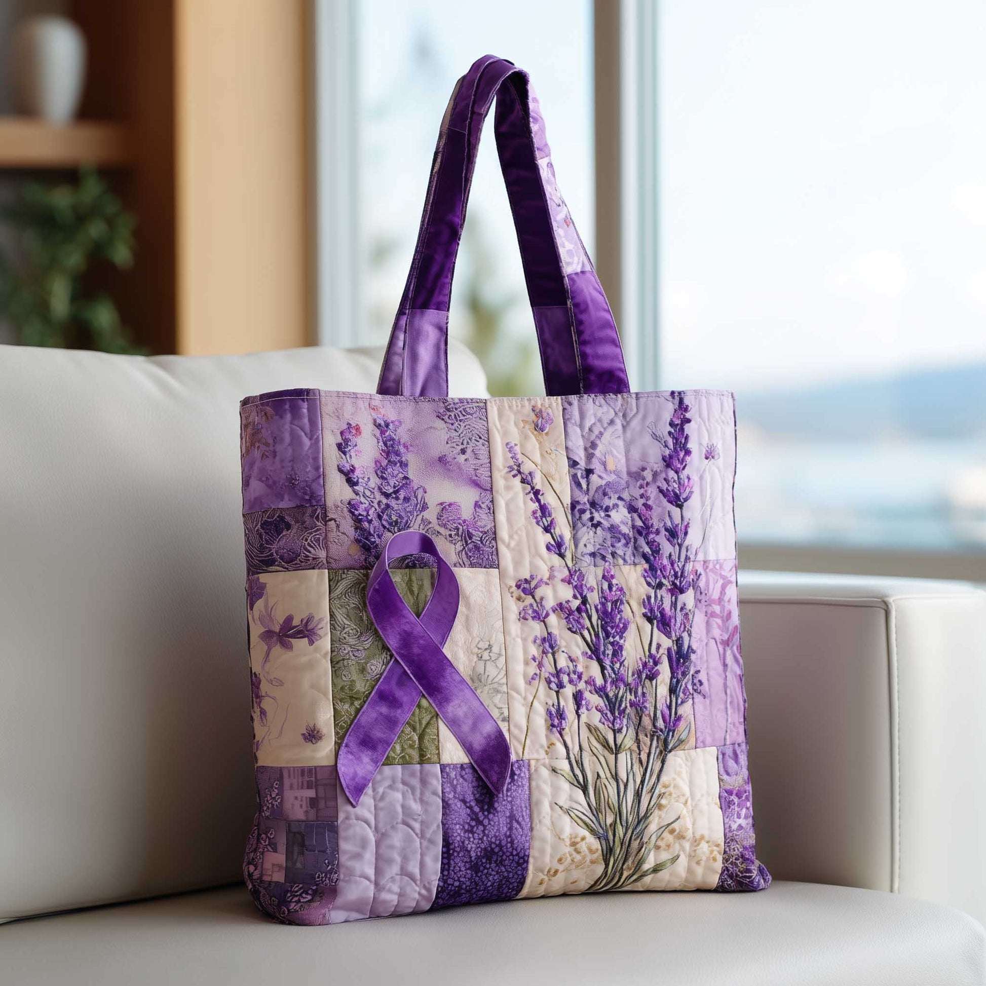Purple Ribbon Lavender Flowers Quilted Tote