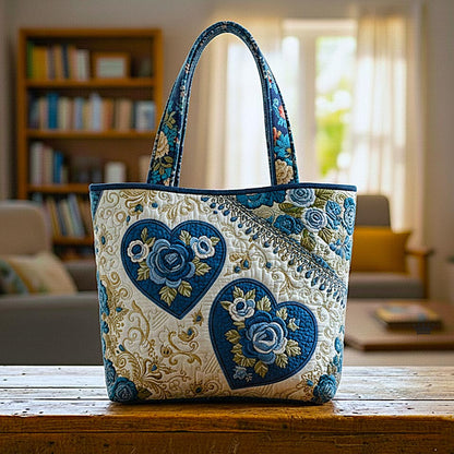 Blue Floral Hearts Quilted Tote