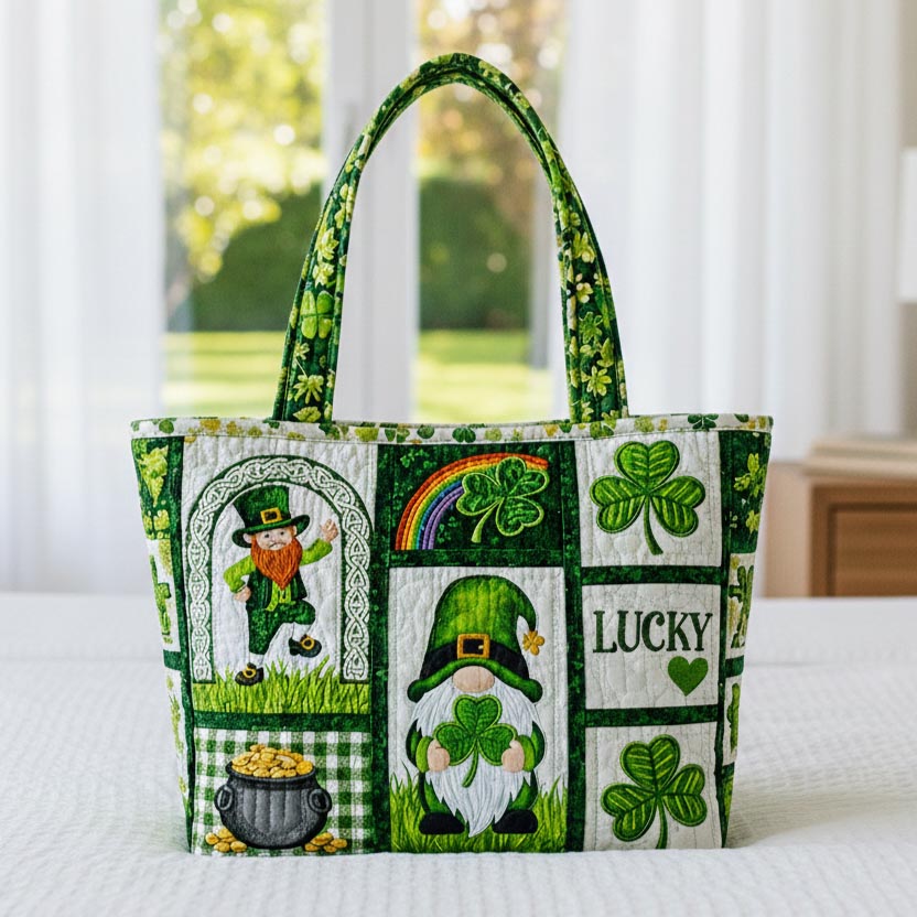 Clover Shamrocks Leprechaun Quilted Tote