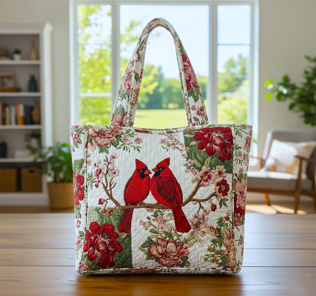 Cardinal Birds On Branch Quilted Tote
