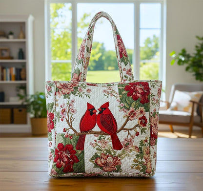 Cardinal Birds On Branch Quilted Tote