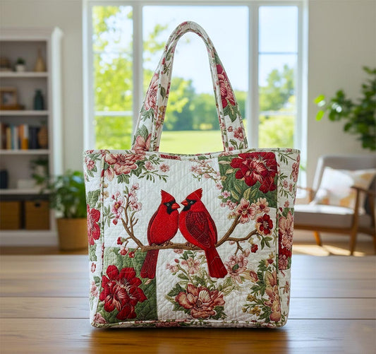 Cardinal Birds On Branch Quilted Tote