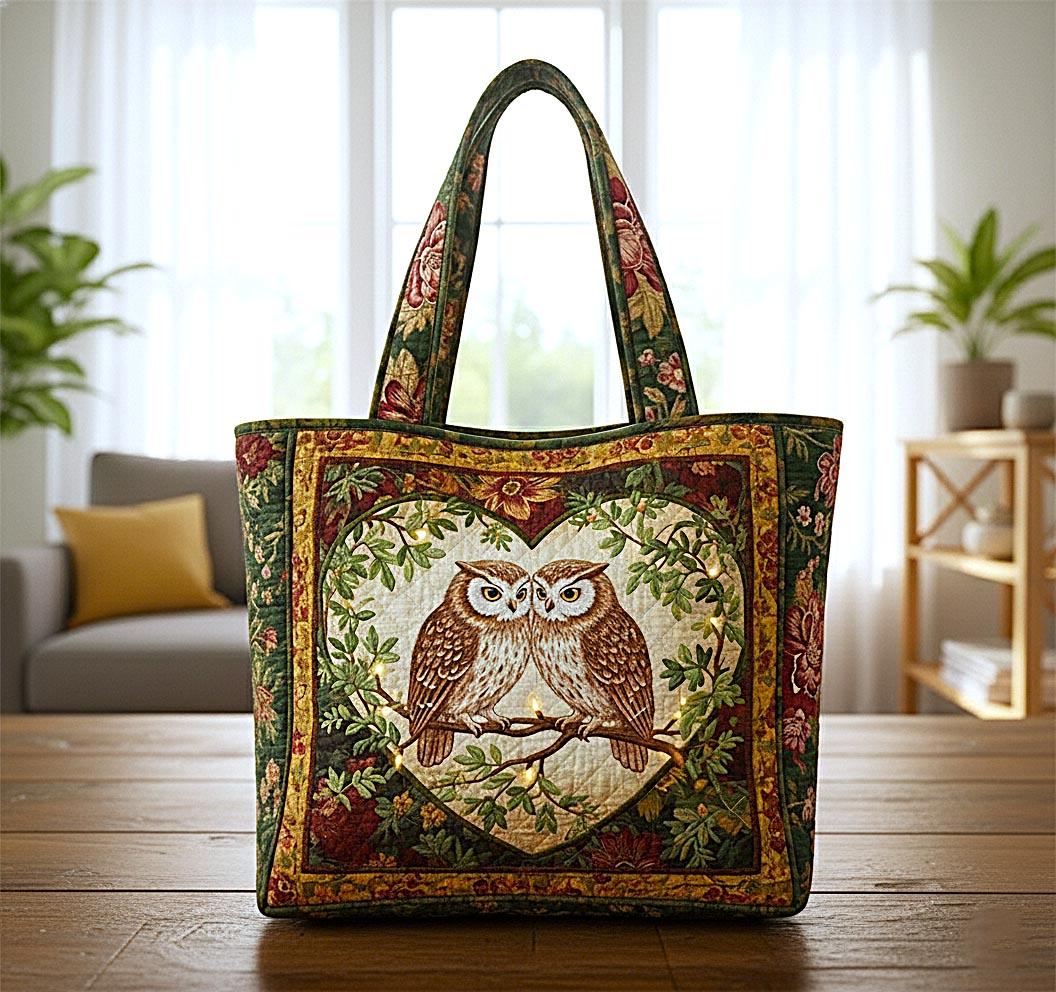 Owls In Heart Frame Quilted Tote