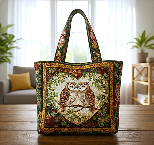 Owls In Heart Frame Quilted Tote
