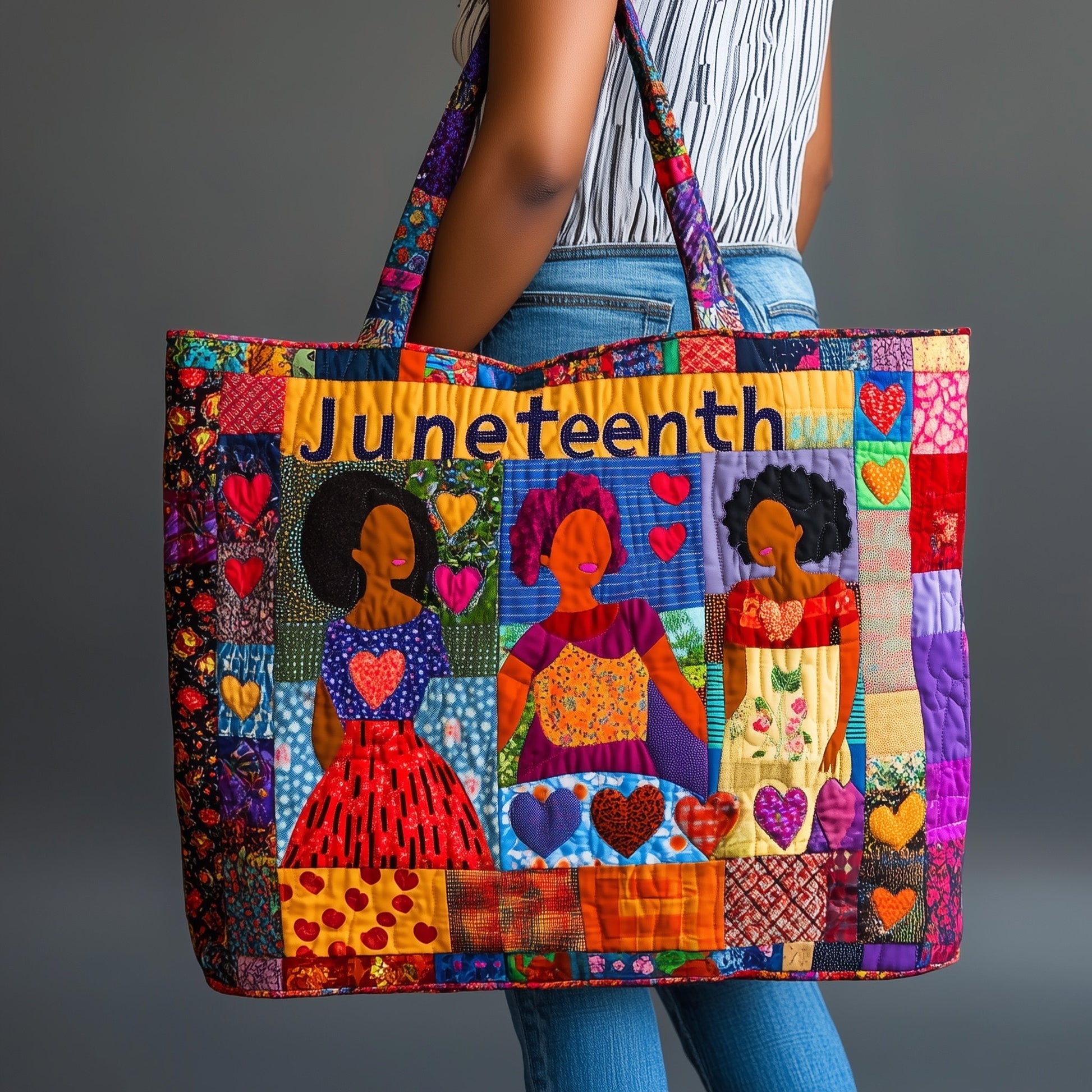 Colorful Faces Patchwork Quilted Tote