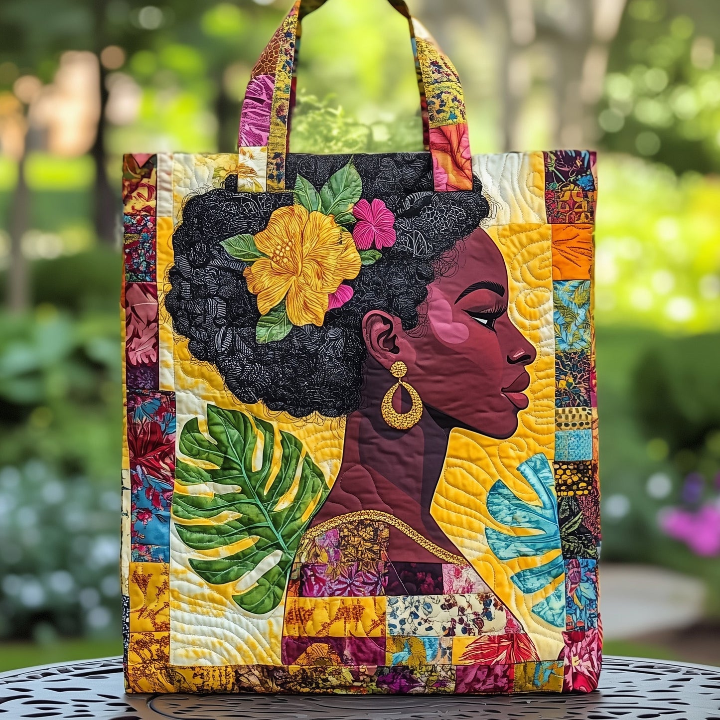 Afro Woman Floral Profile Quilted Tote
