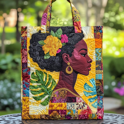 Afro Woman Floral Profile Quilted Tote