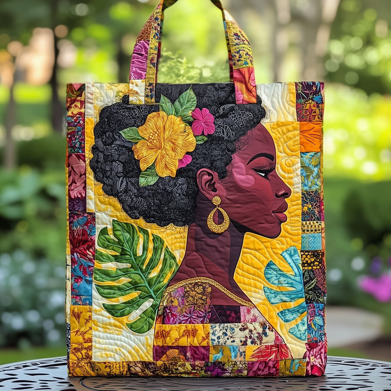 Afro Woman Floral Profile Quilted Tote