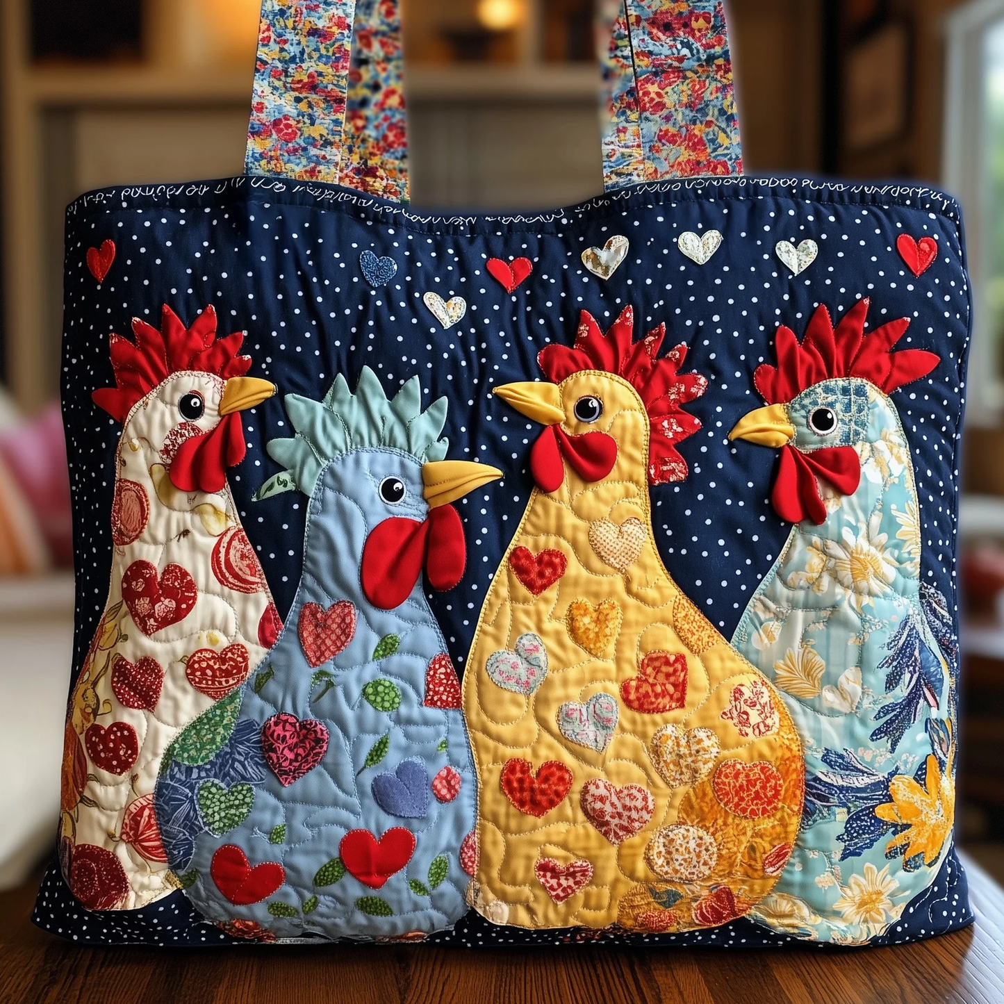 Colorful Roosters Appliqu Quilted Tote
