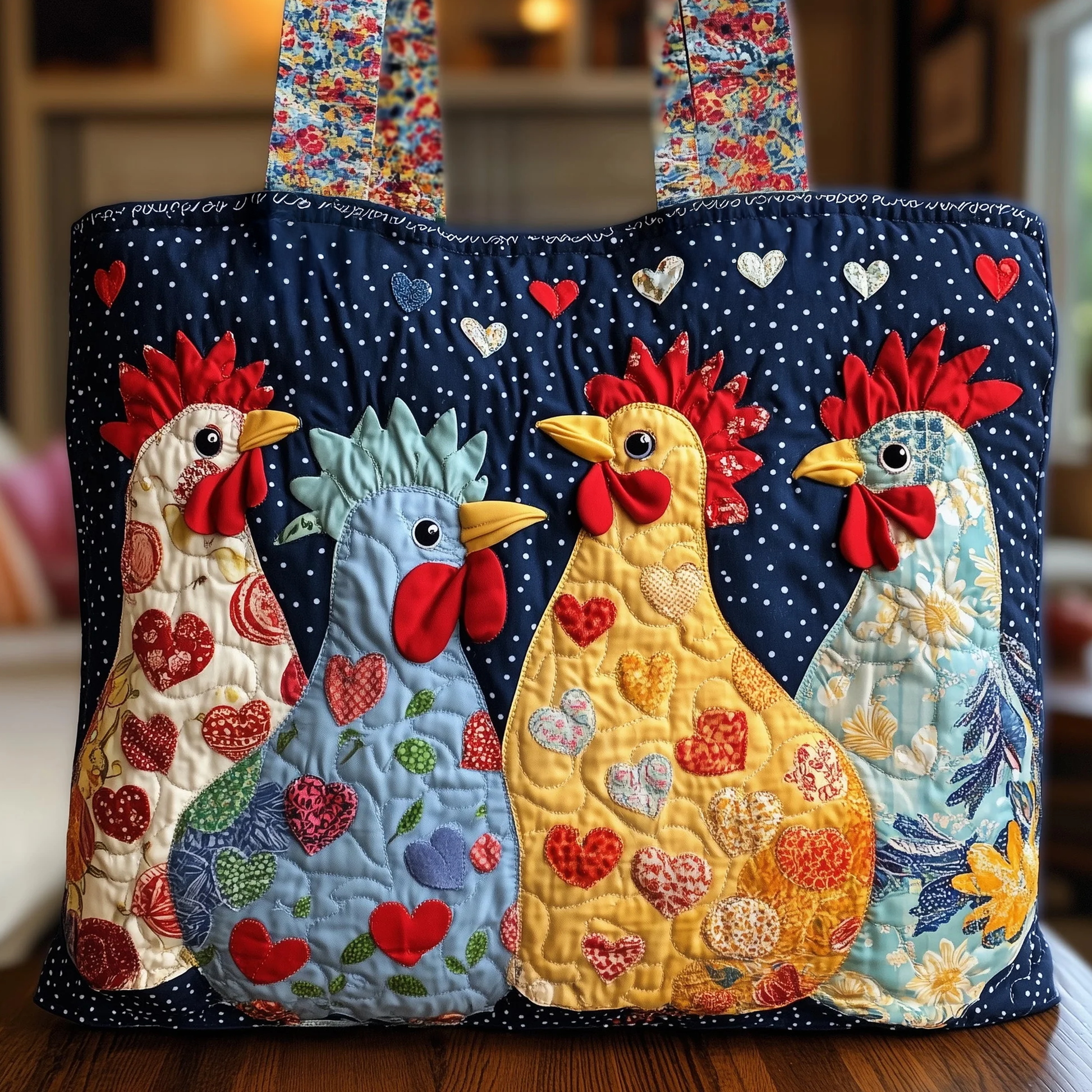 Colorful Roosters Appliqu Quilted Tote