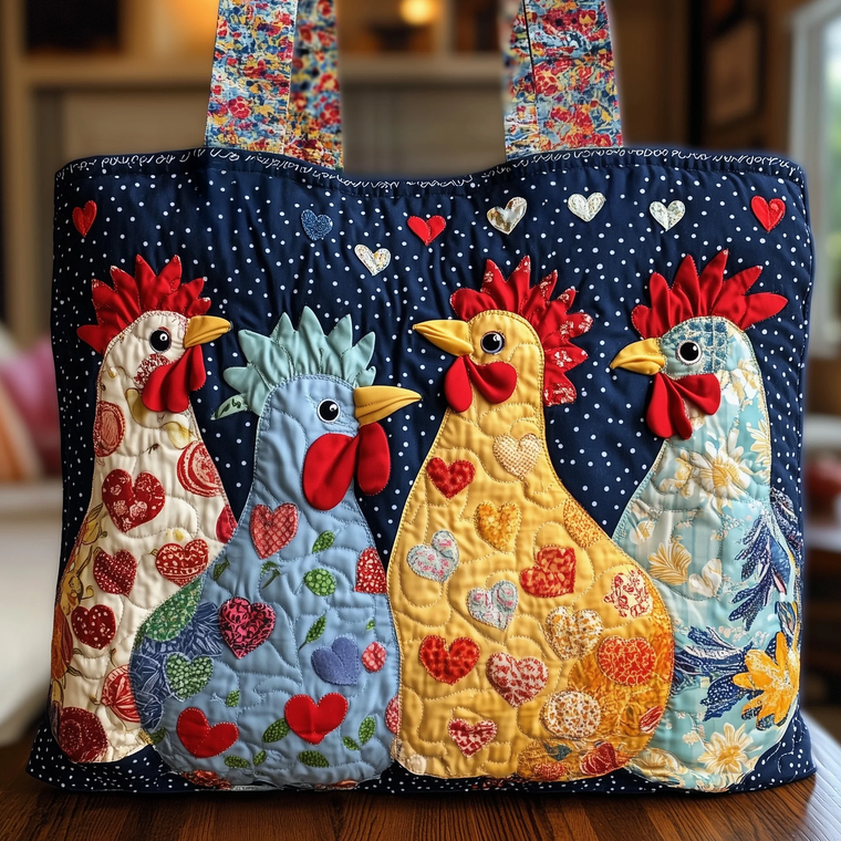 Colorful Roosters Appliqu Quilted Tote