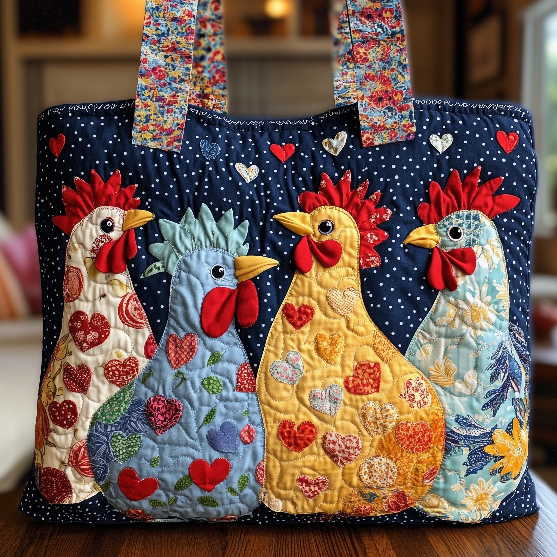 Colorful Chicken Artwork Quilted Tote