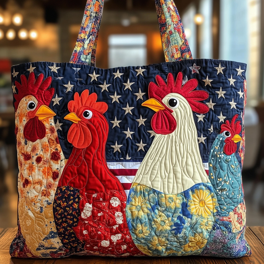 Colorful Roosters Stars Quilted Tote