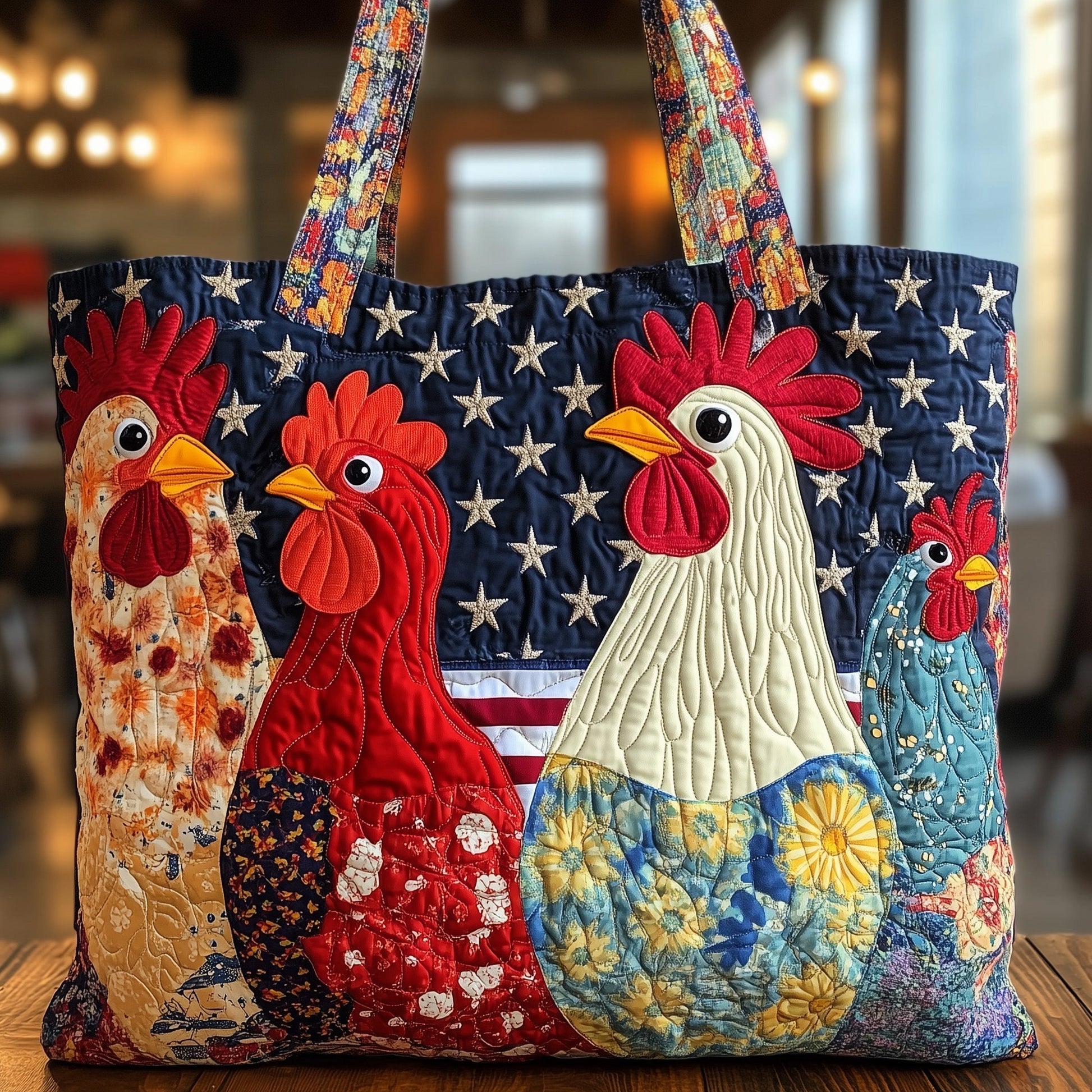 Colorful Chicken Artwork Quilted Tote