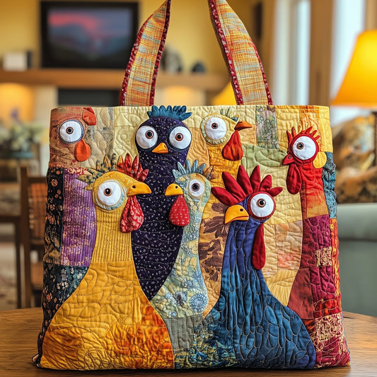 Colorful Chicken Group Quilted Tote