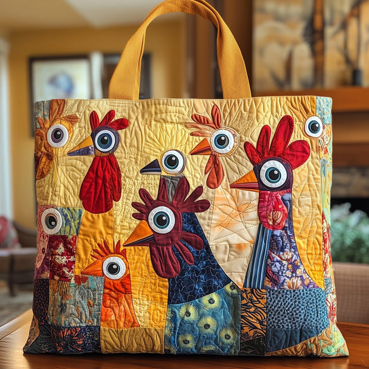 Colorful Chickens Artwork Quilted Tote