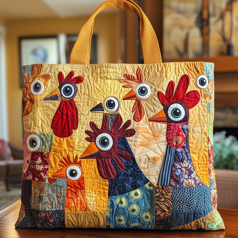 Colorful Chickens Artwork Quilted Tote